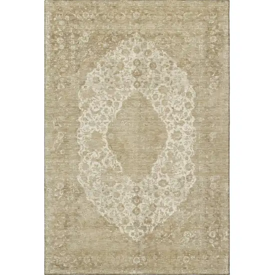 Ivory And Beige Medallion Washable Area Rug With UV Protection Photo 3