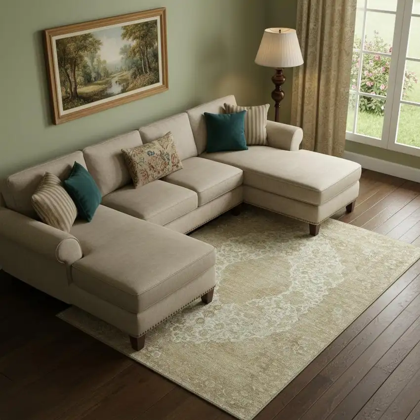 Ivory And Beige Medallion Washable Area Rug With UV Protection Photo 2