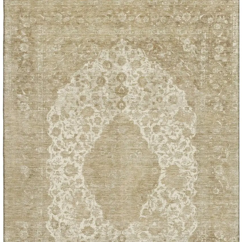 Ivory And Beige Medallion Washable Area Rug With UV Protection Photo 2