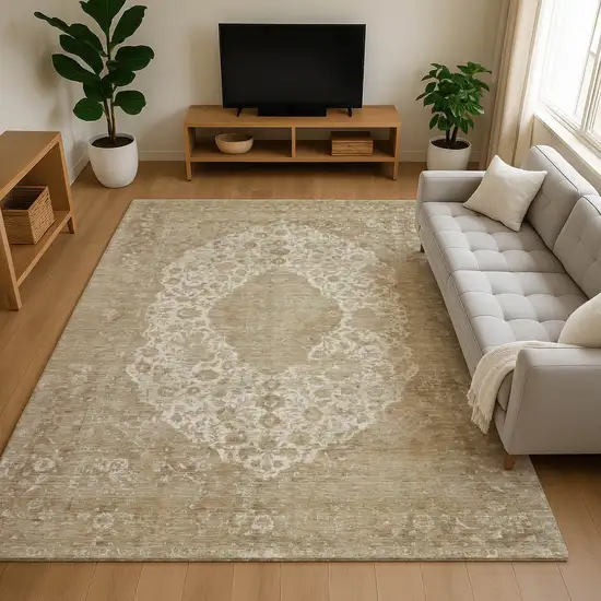Ivory And Beige Medallion Washable Area Rug With UV Protection Photo 4