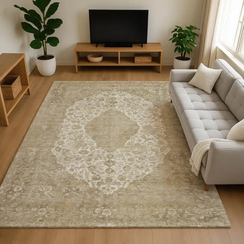 Ivory And Beige Medallion Washable Area Rug With UV Protection Photo 4