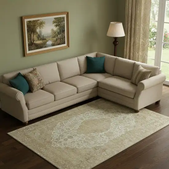 Ivory And Beige Medallion Washable Area Rug With UV Protection Photo 2