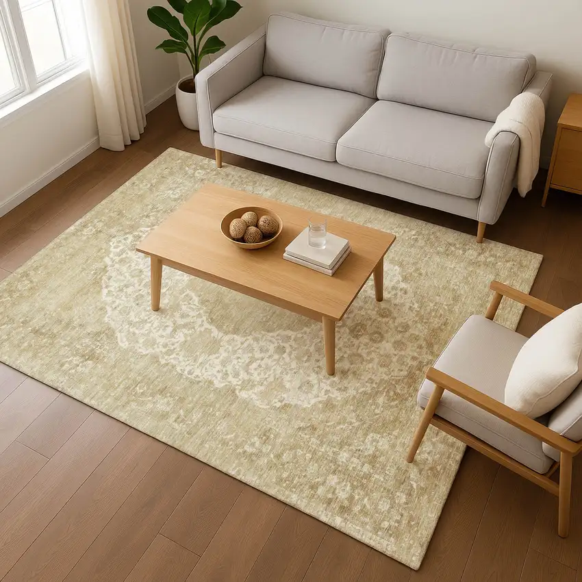 Ivory And Beige Medallion Washable Area Rug With UV Protection Photo 5
