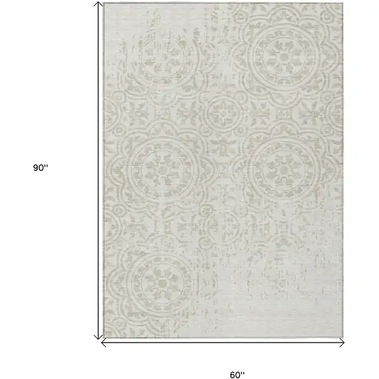 Ivory And Beige Medallion Washable Indoor Outdoor Area Rug Photo 7