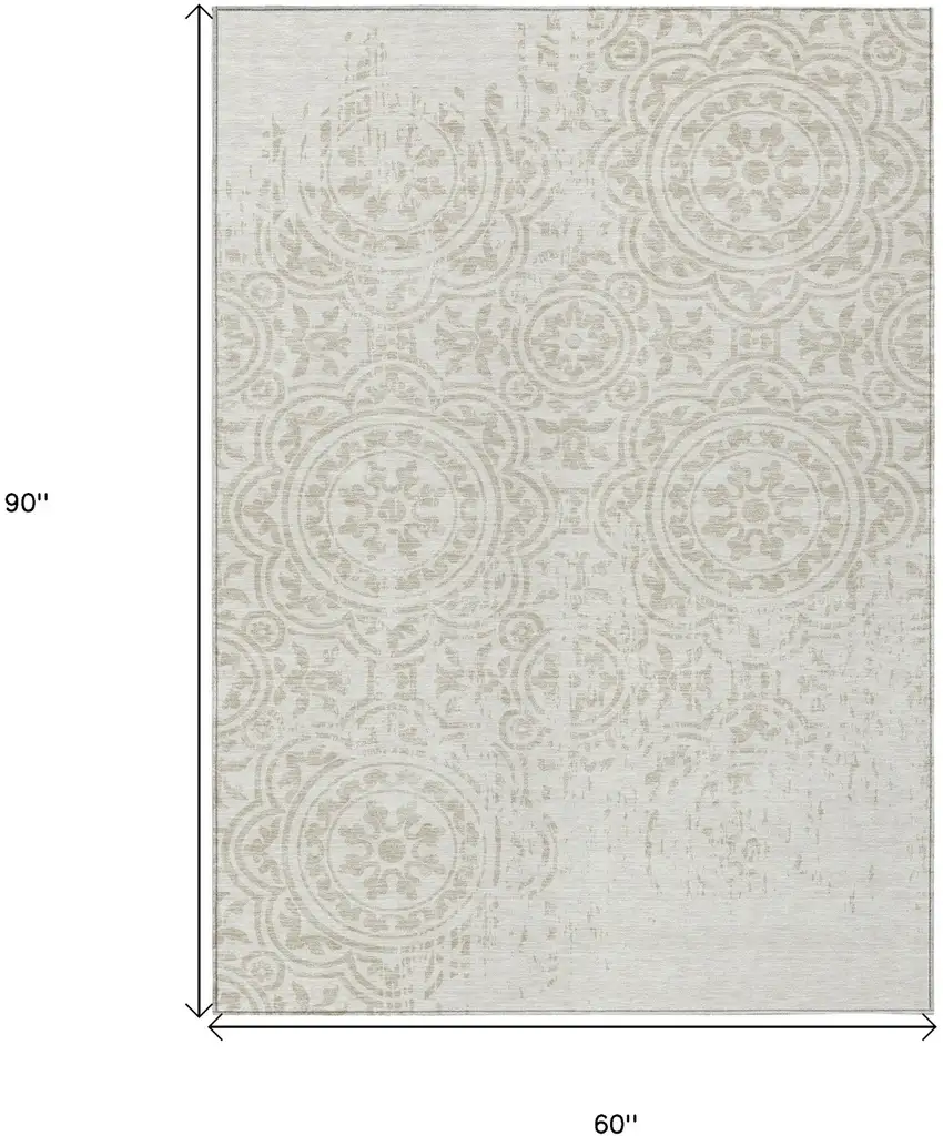 Ivory And Beige Medallion Washable Indoor Outdoor Area Rug Photo 7