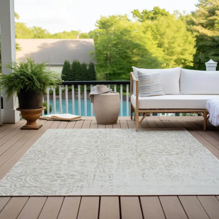 Ivory And Beige Medallion Washable Indoor Outdoor Area Rug Photo 9
