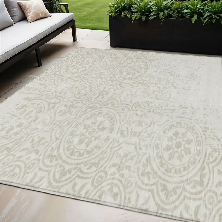 Ivory And Beige Medallion Washable Indoor Outdoor Area Rug Photo 1