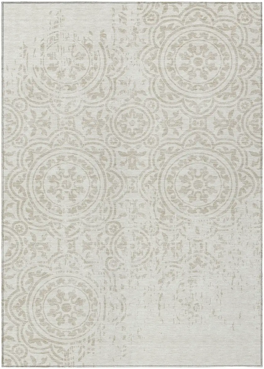 Ivory And Beige Medallion Washable Indoor Outdoor Area Rug Photo 1