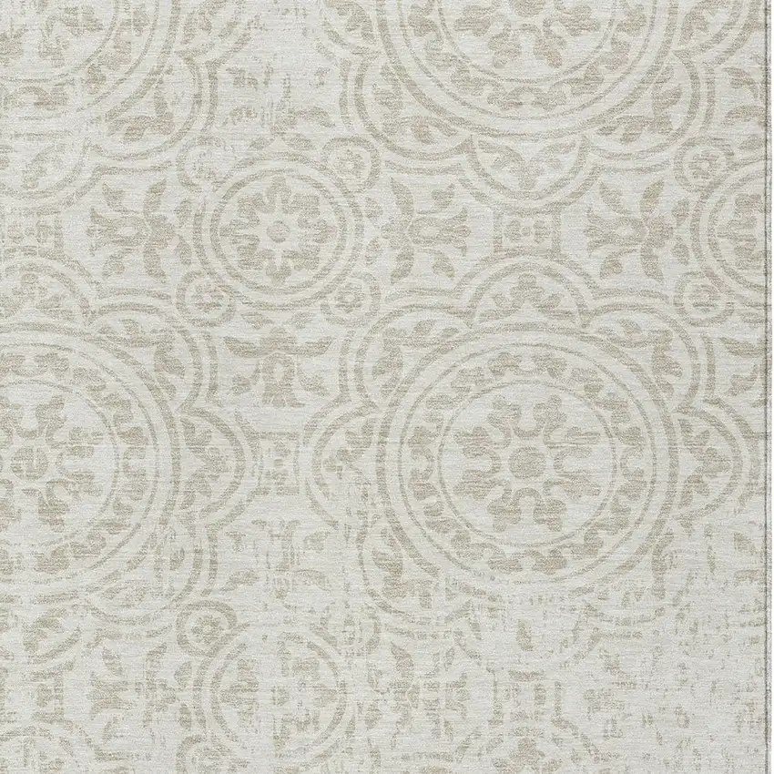 Ivory And Beige Medallion Washable Indoor Outdoor Area Rug Photo 4