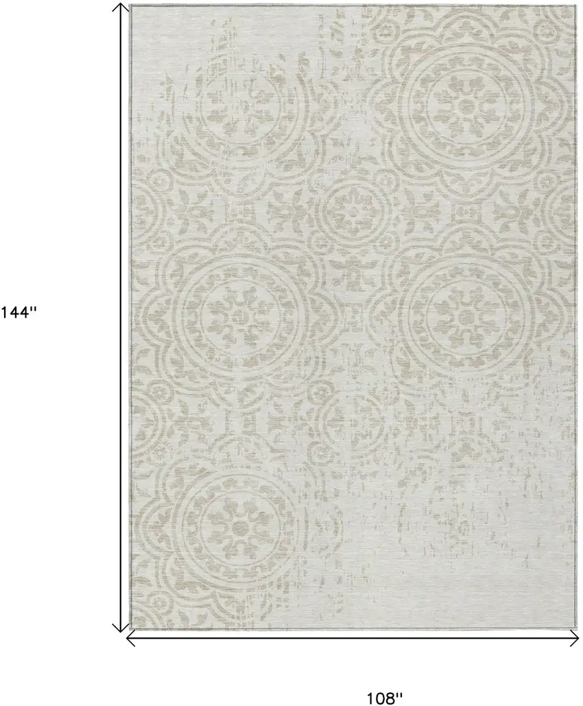 Ivory And Beige Medallion Washable Indoor Outdoor Area Rug Photo 7