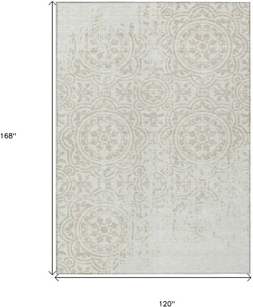 Ivory And Beige Medallion Washable Indoor Outdoor Area Rug Photo 7