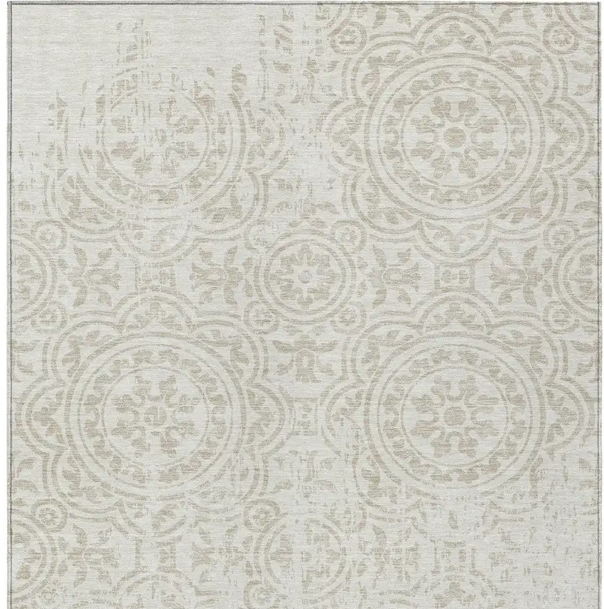 Ivory And Beige Medallion Washable Indoor Outdoor Area Rug Photo 4