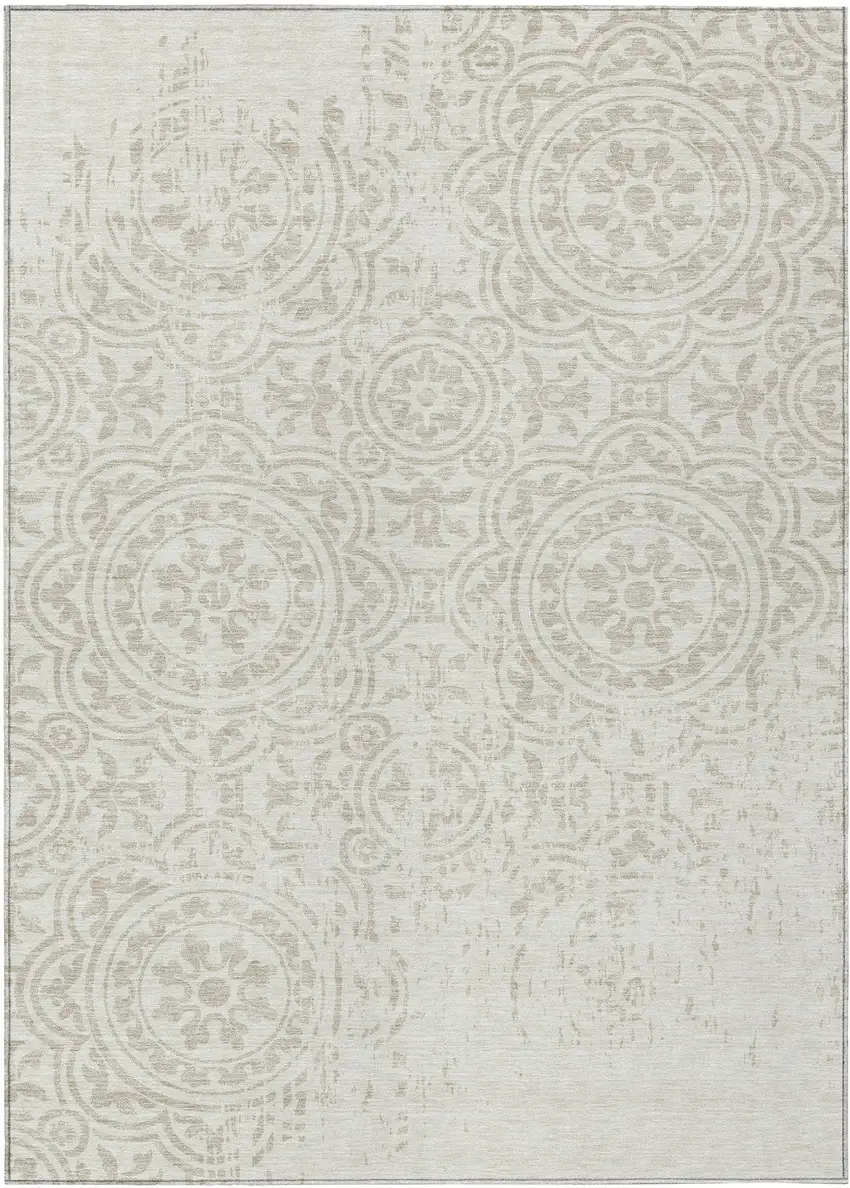 Ivory And Beige Medallion Washable Indoor Outdoor Area Rug Photo 1