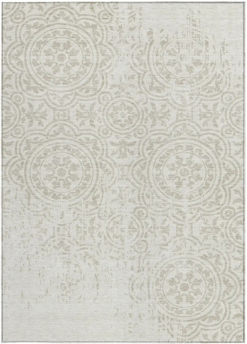 Ivory And Beige Medallion Washable Indoor Outdoor Area Rug Photo 5