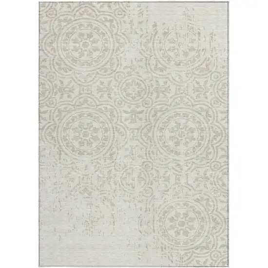 Ivory And Beige Medallion Washable Indoor Outdoor Area Rug Photo 5