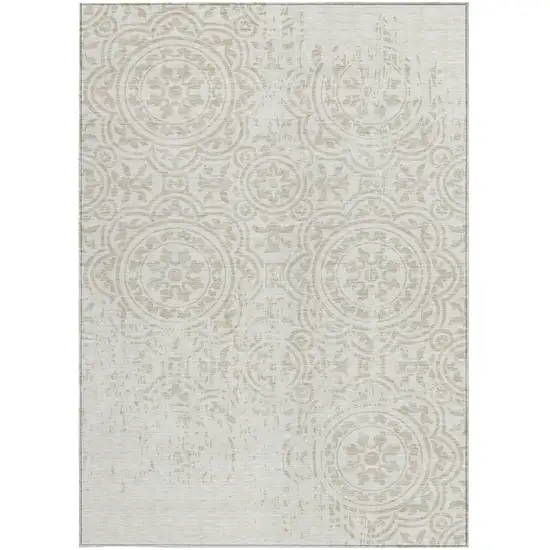 Ivory And Beige Medallion Washable Indoor Outdoor Area Rug Photo 5