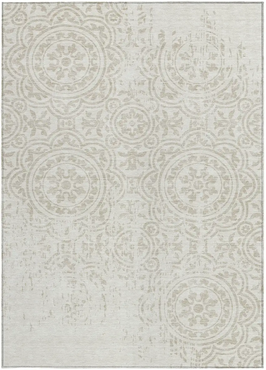 Ivory And Beige Medallion Washable Indoor Outdoor Area Rug Photo 5