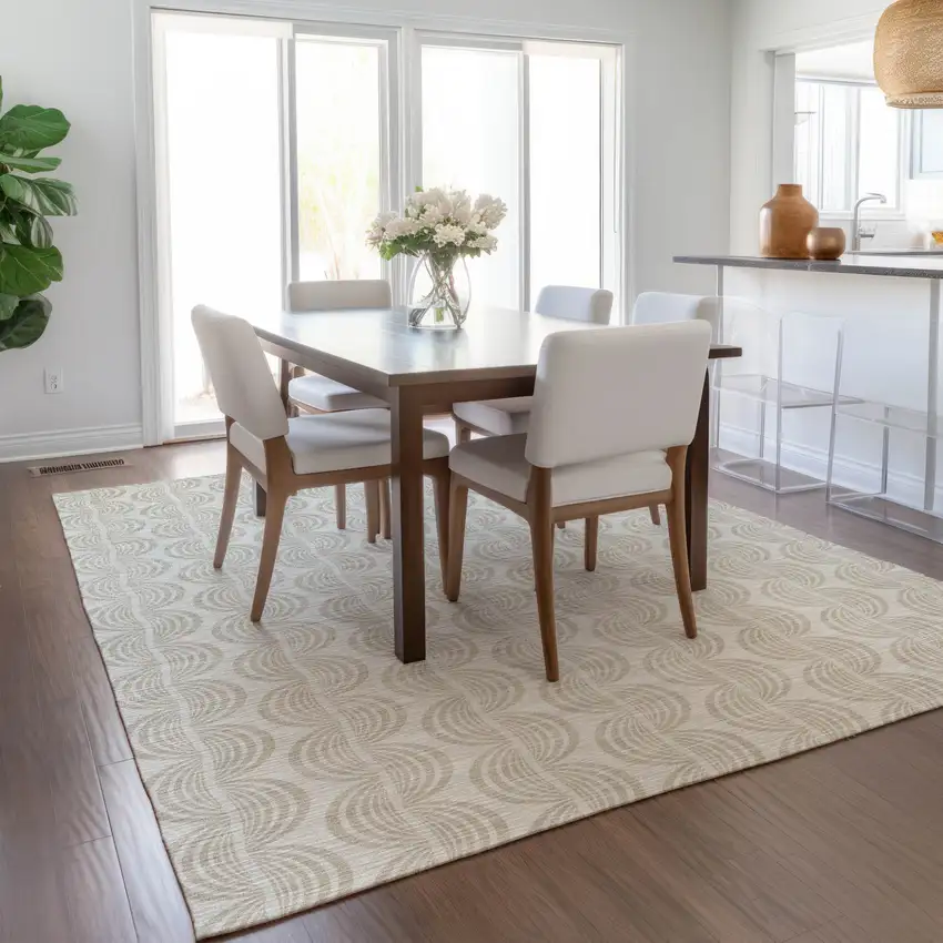 Ivory And Beige Ogee Washable Indoor Outdoor Area Rug Photo 9