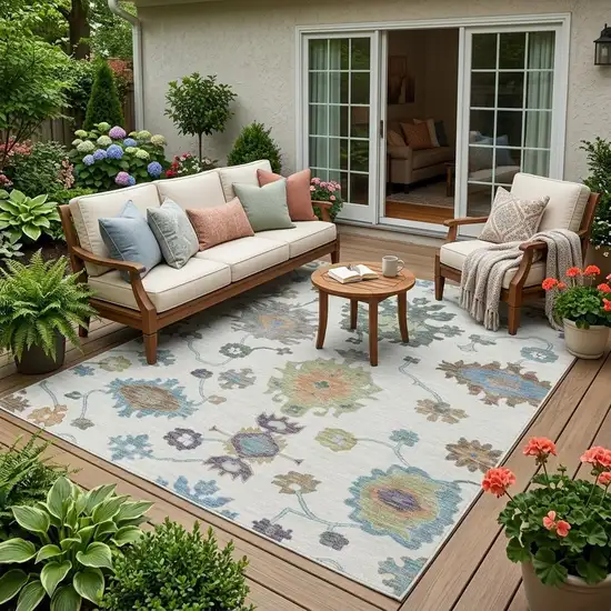 Ivory And Beige Oriental Washable Indoor Outdoor Area Rug Photo 1