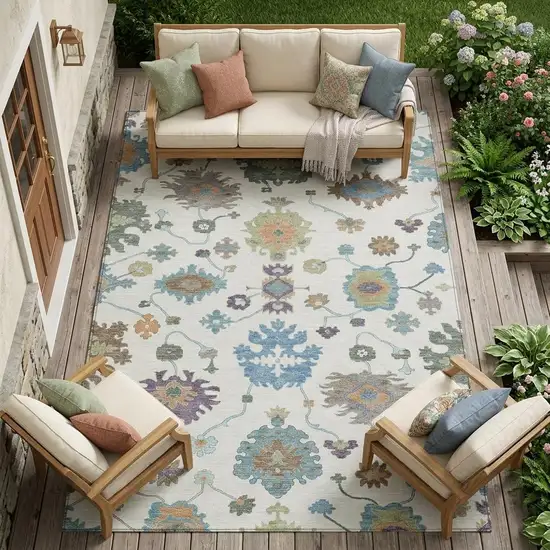 Ivory And Beige Oriental Washable Indoor Outdoor Area Rug Photo 1