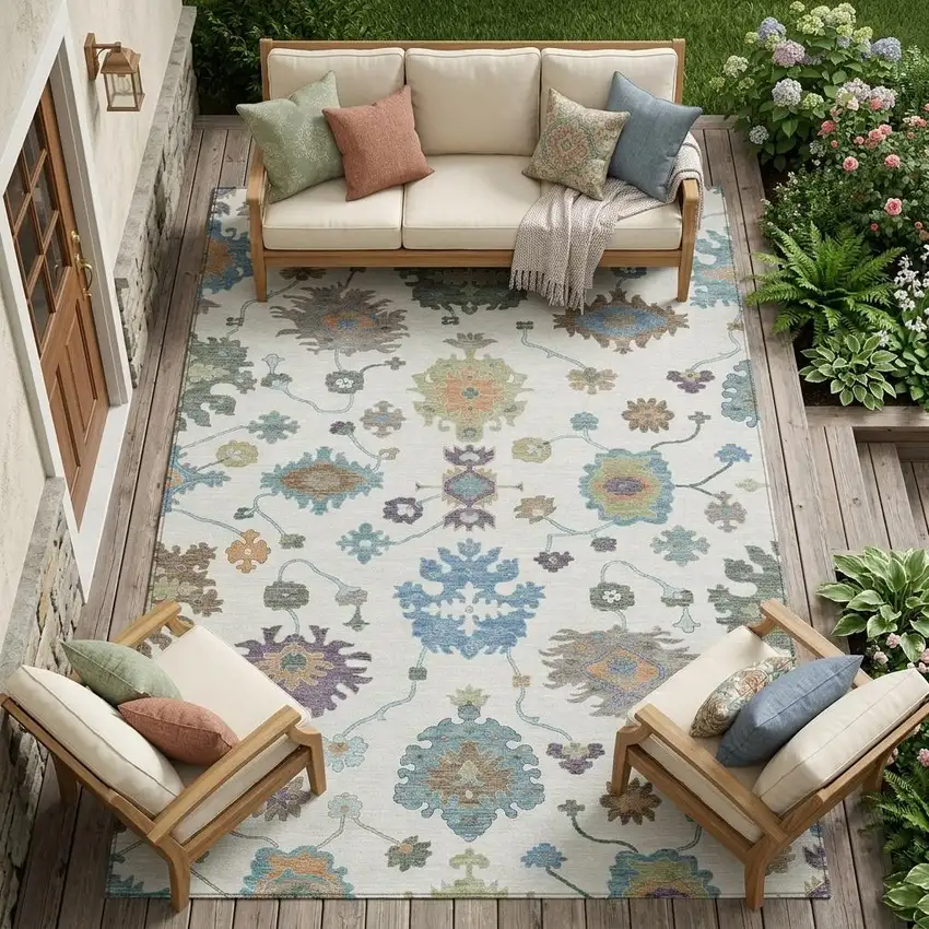 Ivory And Beige Oriental Washable Indoor Outdoor Area Rug Photo 1