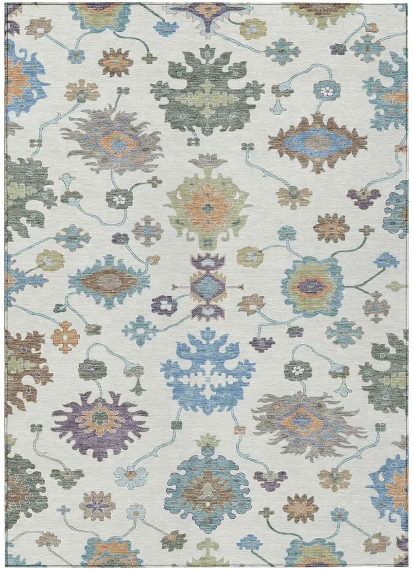 Ivory And Beige Oriental Washable Indoor Outdoor Area Rug Photo 2