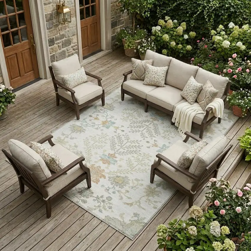 Ivory And Beige Oriental Washable Indoor Outdoor Area Rug Photo 1