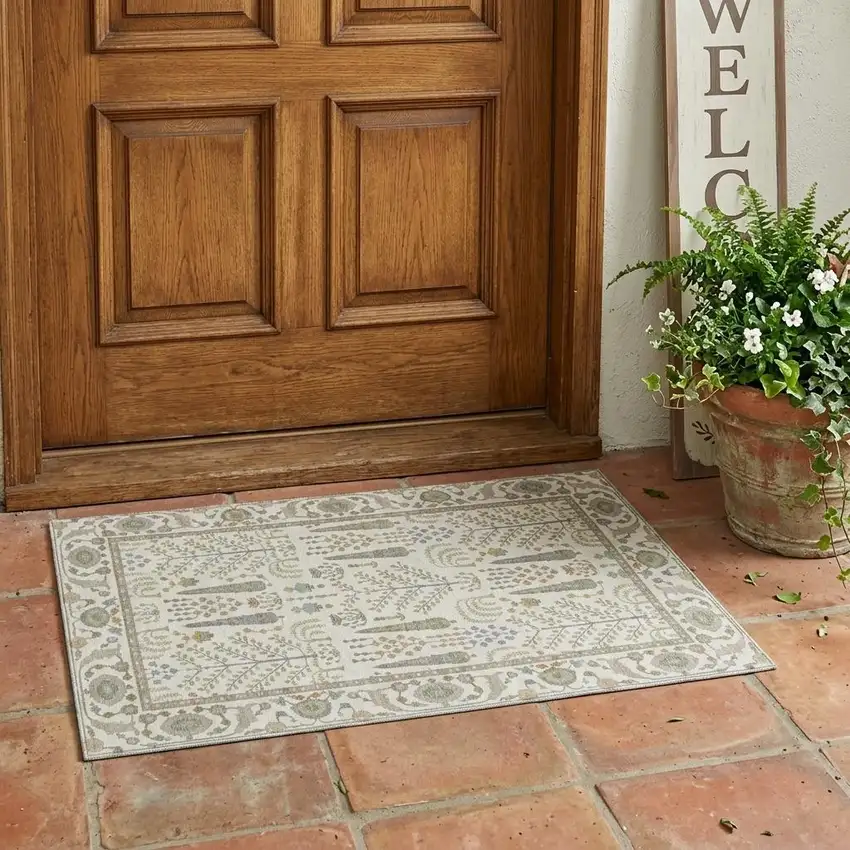 Ivory And Beige Oriental Washable Indoor Outdoor Area Rug Photo 1