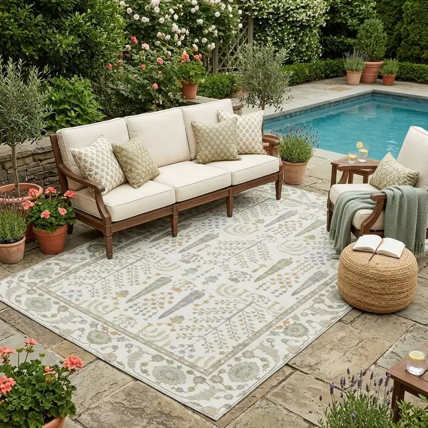 Ivory And Beige Oriental Washable Indoor Outdoor Area Rug Photo 1