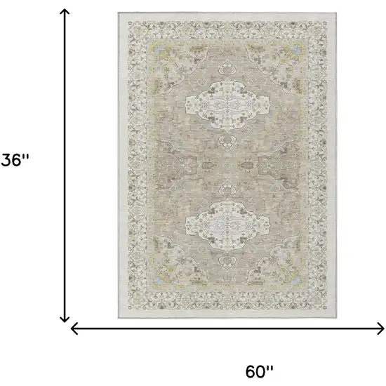 Ivory And Beige Oriental Washable Indoor Outdoor Area Rug Photo 5