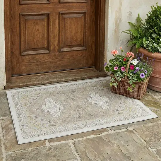 Ivory And Beige Oriental Washable Indoor Outdoor Area Rug Photo 1