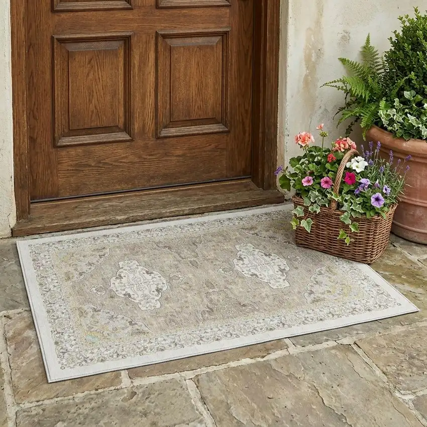 Ivory And Beige Oriental Washable Indoor Outdoor Area Rug Photo 1