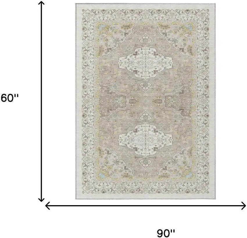 Ivory And Beige Oriental Washable Indoor Outdoor Area Rug Photo 5