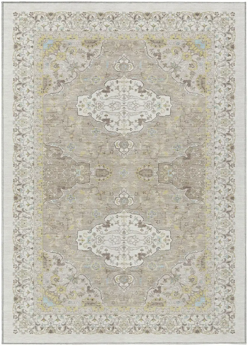 Ivory And Beige Oriental Washable Indoor Outdoor Area Rug Photo 2