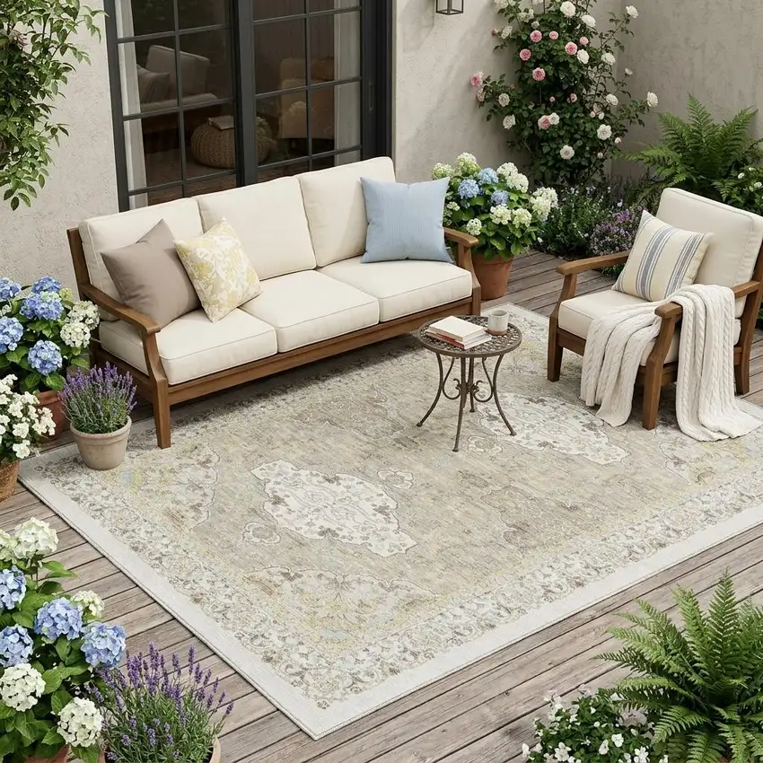 Ivory And Beige Oriental Washable Indoor Outdoor Area Rug Photo 1