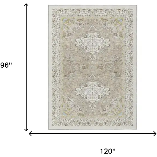 Ivory And Beige Oriental Washable Indoor Outdoor Area Rug Photo 5