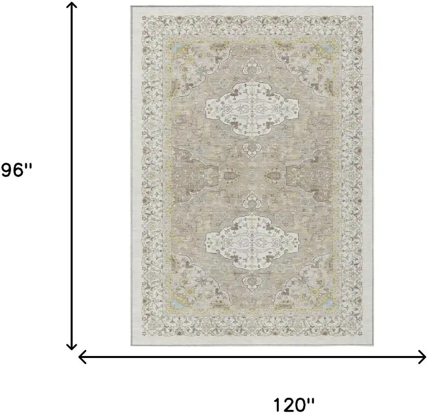 Ivory And Beige Oriental Washable Indoor Outdoor Area Rug Photo 5