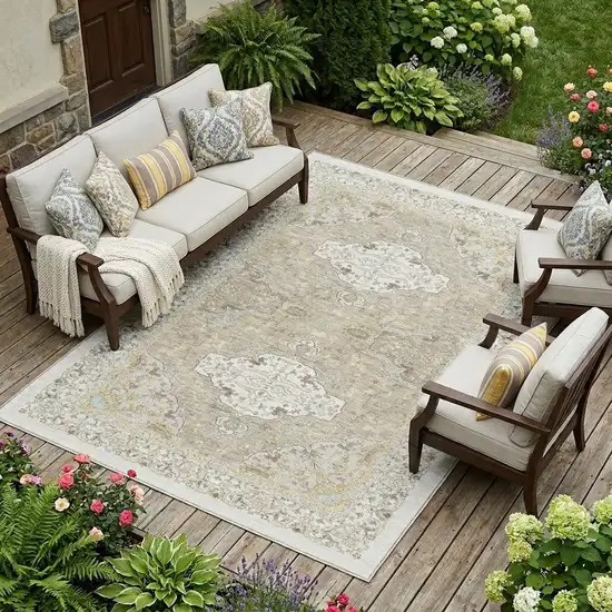 Ivory And Beige Oriental Washable Indoor Outdoor Area Rug Photo 1
