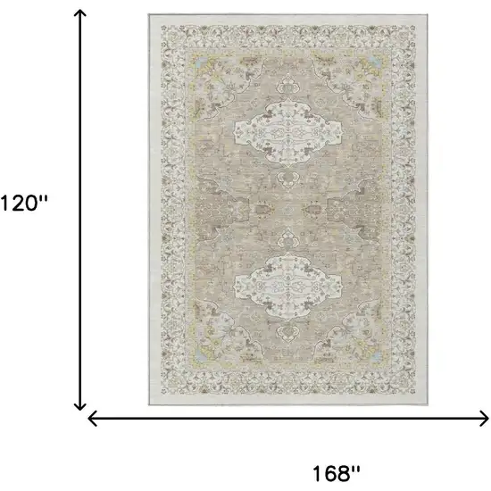 Ivory And Beige Oriental Washable Indoor Outdoor Area Rug Photo 5