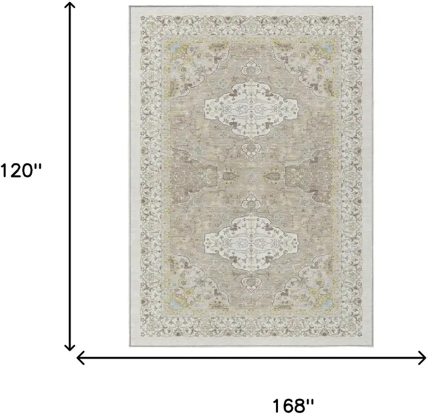 Ivory And Beige Oriental Washable Indoor Outdoor Area Rug Photo 5