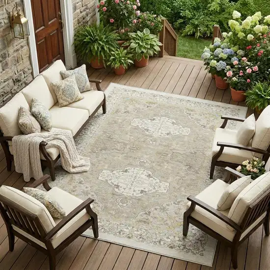Ivory And Beige Oriental Washable Indoor Outdoor Area Rug Photo 1