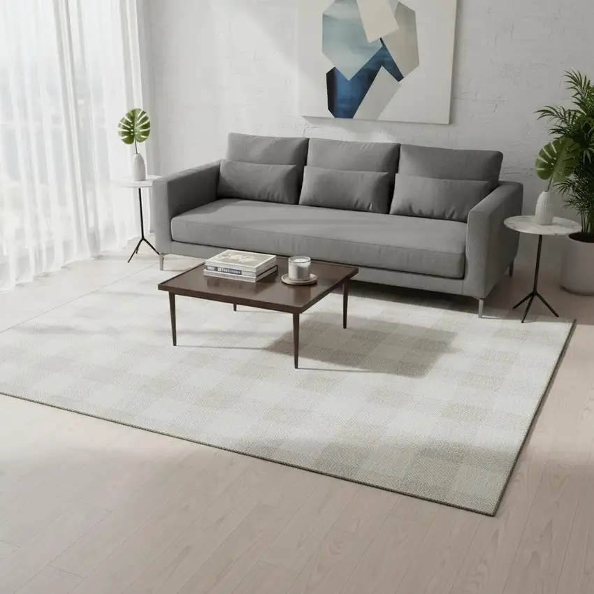 Ivory And Beige Plaid Washable Area Rug With UV Protection Photo 2