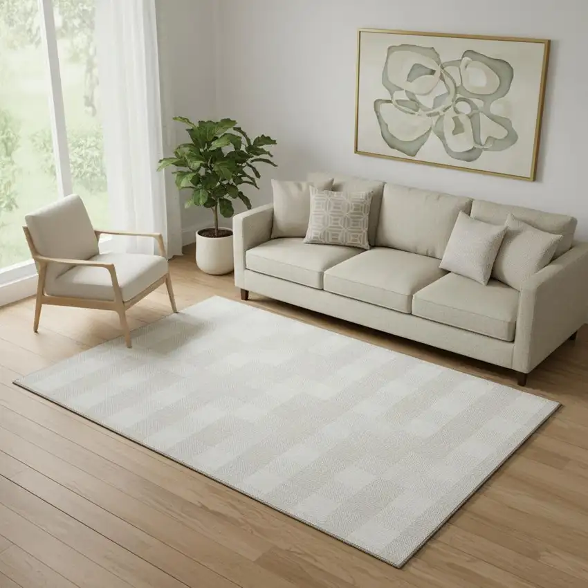 Ivory And Beige Plaid Washable Area Rug With UV Protection Photo 1