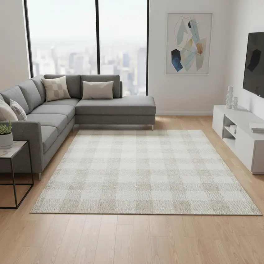 Ivory And Beige Plaid Washable Area Rug With UV Protection Photo 2