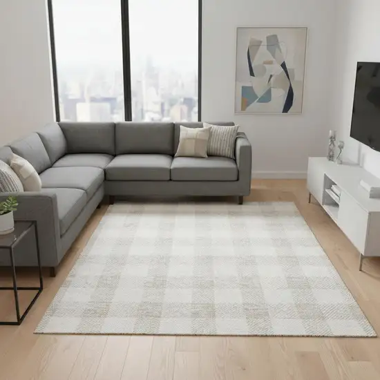Ivory And Beige Plaid Washable Area Rug With UV Protection Photo 2