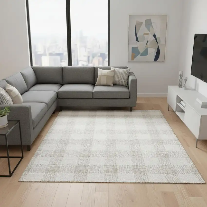 Ivory And Beige Plaid Washable Area Rug With UV Protection Photo 2