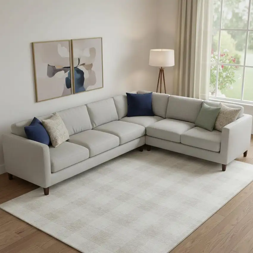 Ivory And Beige Plaid Washable Area Rug With UV Protection Photo 1