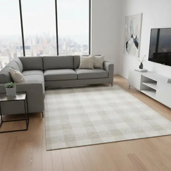 Ivory And Beige Plaid Washable Area Rug With UV Protection Photo 2