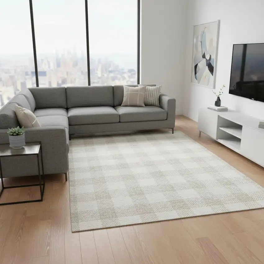 Ivory And Beige Plaid Washable Area Rug With UV Protection Photo 2