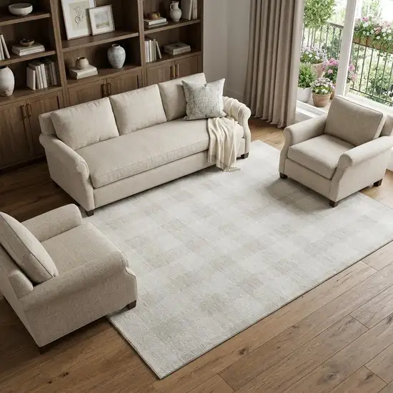 Ivory And Beige Plaid Washable Area Rug With UV Protection Photo 1